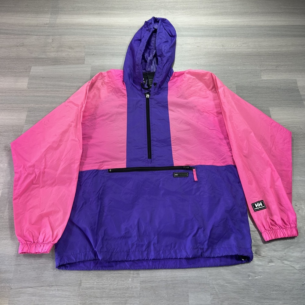 VINTAGE Helly Hansen Windbreaker Jacket Mens Small Pink Hooded 1/2 Zip Pullover